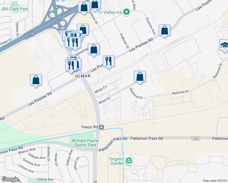 map of restaurants, bars, coffee shops, grocery stores, and more near 743 Misty Circle in Livermore