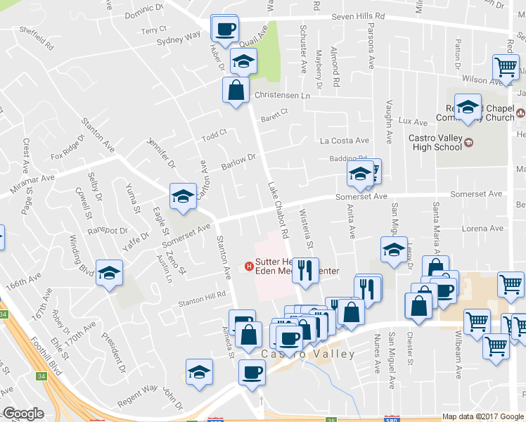 map of restaurants, bars, coffee shops, grocery stores, and more near 2810 Somerset Avenue in Castro Valley