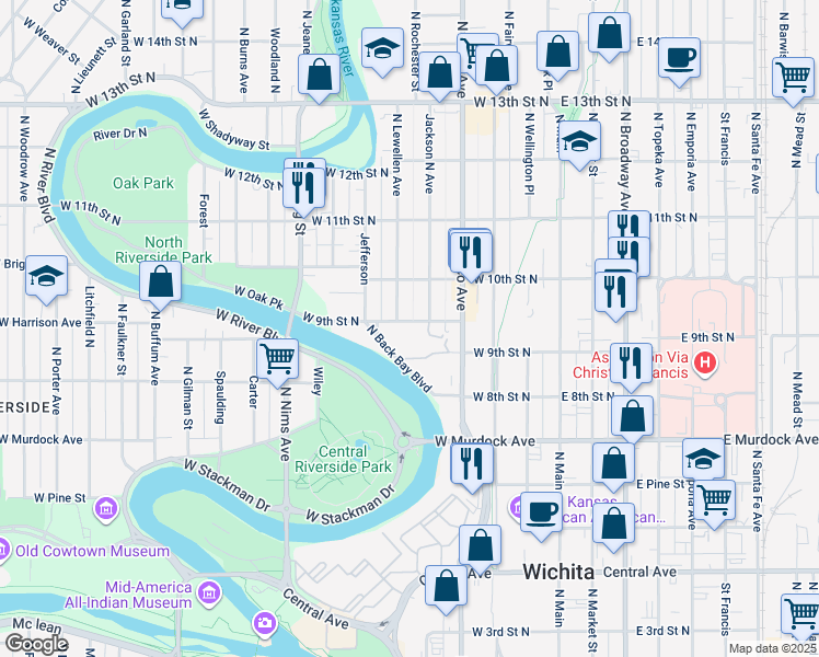 map of restaurants, bars, coffee shops, grocery stores, and more near 459 West 9th Street North in Wichita