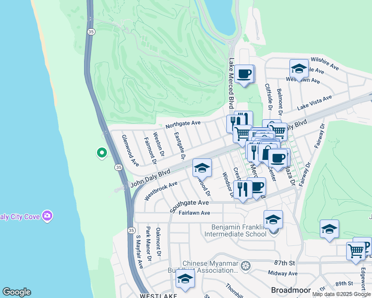 map of restaurants, bars, coffee shops, grocery stores, and more near 198 Glenwood Avenue in Daly City