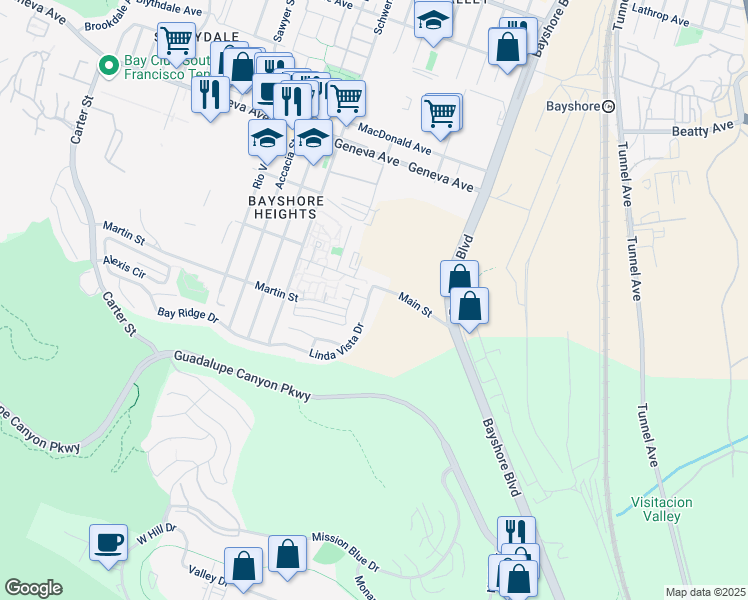 map of restaurants, bars, coffee shops, grocery stores, and more near 107 Linda Vista Drive in Daly City