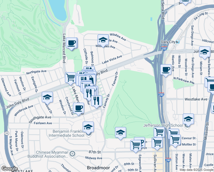 map of restaurants, bars, coffee shops, grocery stores, and more near 50 Parkwood Drive in Daly City