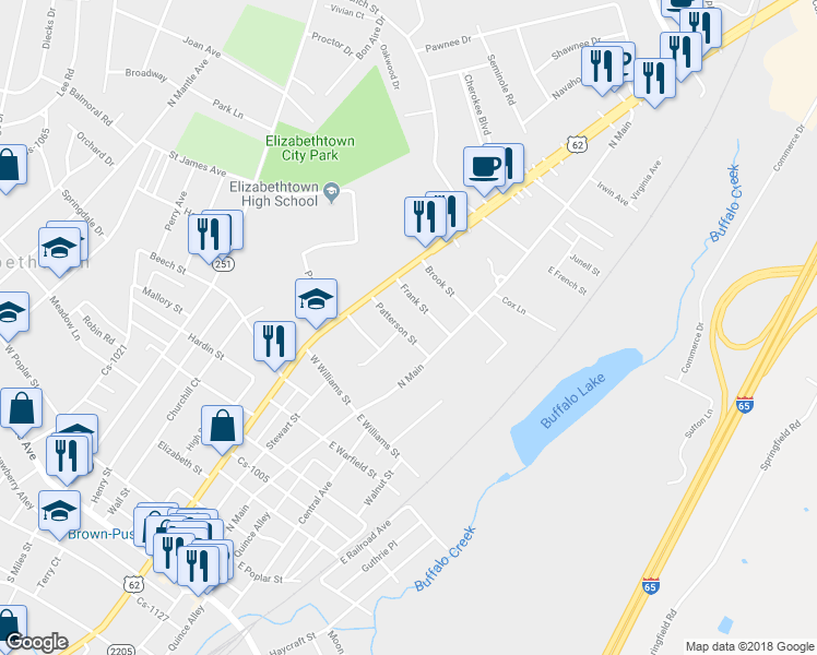 map of restaurants, bars, coffee shops, grocery stores, and more near 113 Patterson Street in Elizabethtown