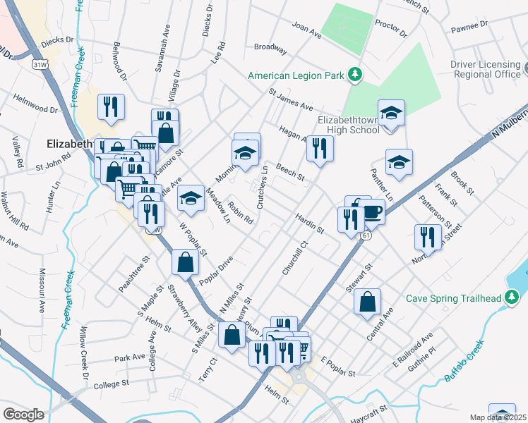 map of restaurants, bars, coffee shops, grocery stores, and more near 312 Jefferson Street in Elizabethtown
