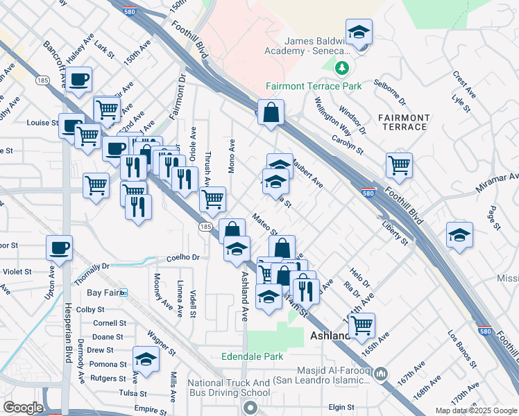 map of restaurants, bars, coffee shops, grocery stores, and more near 1510 Green Court in San Leandro