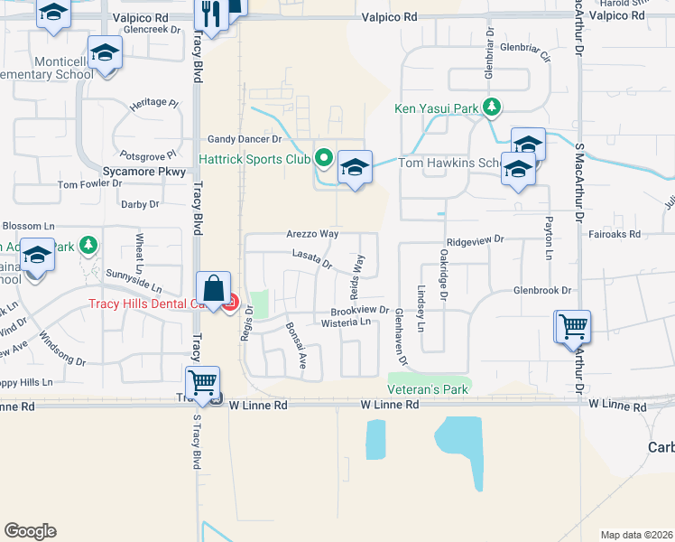 map of restaurants, bars, coffee shops, grocery stores, and more near Lasata Drive & Mulberry Court in Tracy