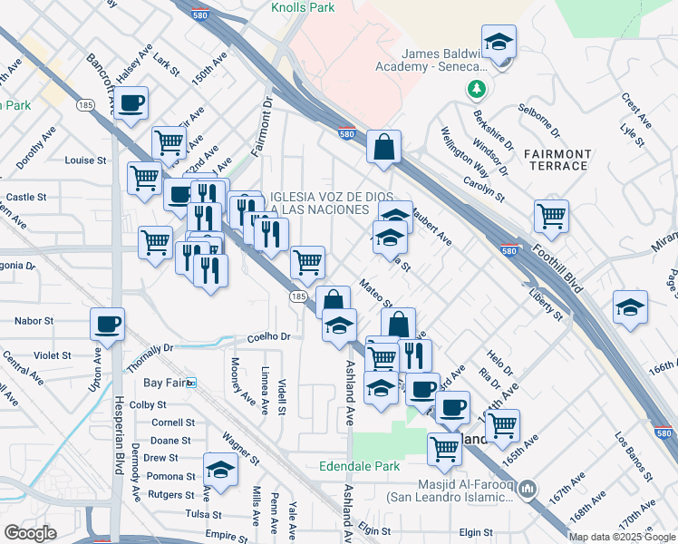 map of restaurants, bars, coffee shops, grocery stores, and more near 1490A 159th Avenue in San Leandro