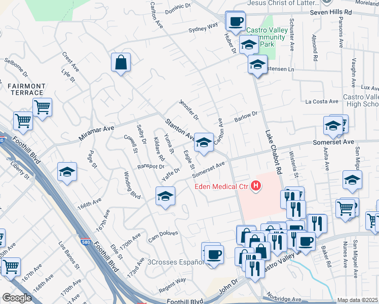 map of restaurants, bars, coffee shops, grocery stores, and more near 19524 Eagle Street in Castro Valley