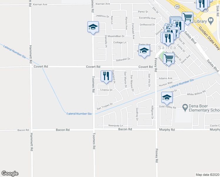 map of restaurants, bars, coffee shops, grocery stores, and more near 4302 Campbell River Drive in Salida