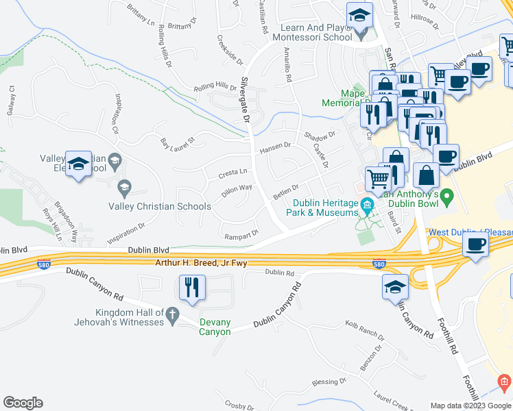 map of restaurants, bars, coffee shops, grocery stores, and more near 11488 Betlen Drive in Dublin