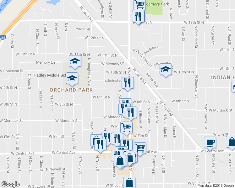 map of restaurants, bars, coffee shops, grocery stores, and more near 909 North Colorado Street in Wichita