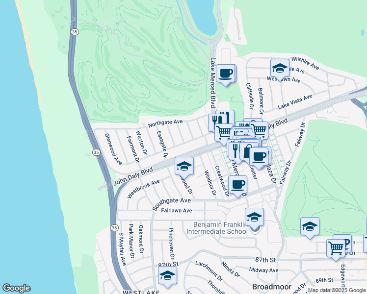 map of restaurants, bars, coffee shops, grocery stores, and more near 159 Glenwood Avenue in Daly City