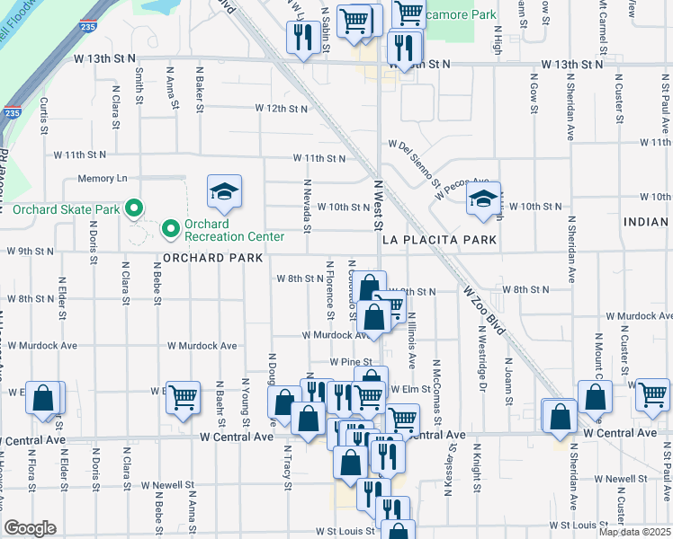 map of restaurants, bars, coffee shops, grocery stores, and more near 905 North Florence Street in Wichita