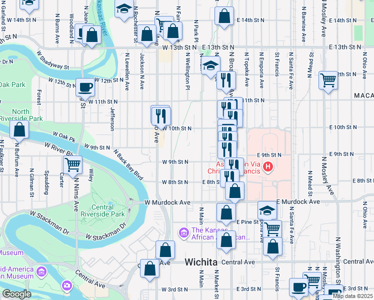 map of restaurants, bars, coffee shops, grocery stores, and more near 1025 North Main Street in Wichita