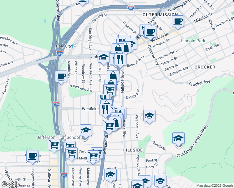 map of restaurants, bars, coffee shops, grocery stores, and more near 27 Beta Avenue in Daly City