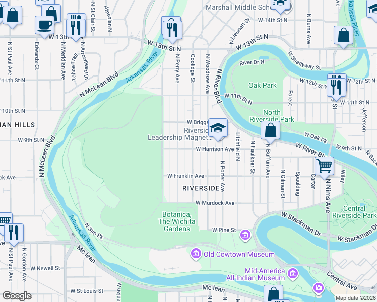 map of restaurants, bars, coffee shops, grocery stores, and more near 959 Coolidge Street in Wichita