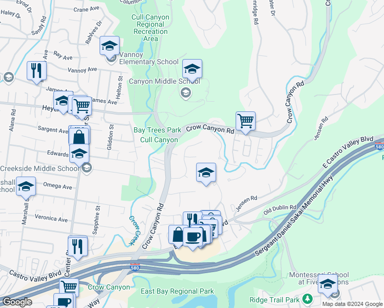 map of restaurants, bars, coffee shops, grocery stores, and more near 20410 Beacon Hill Court in Castro Valley