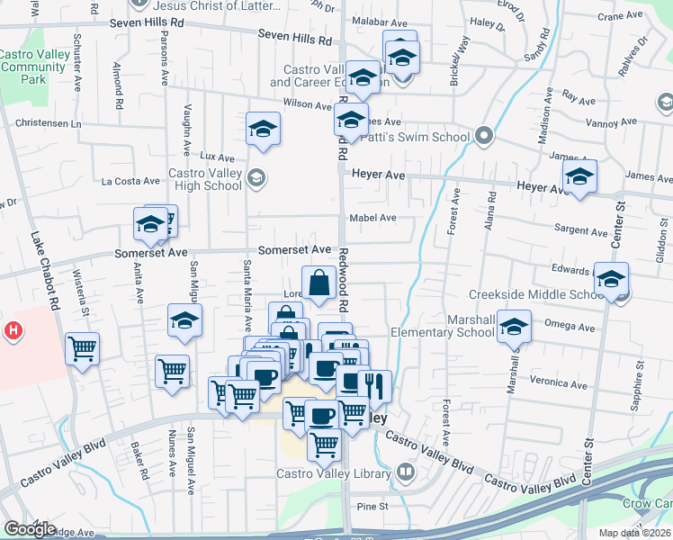 map of restaurants, bars, coffee shops, grocery stores, and more near 19949 Redwood Road in Castro Valley