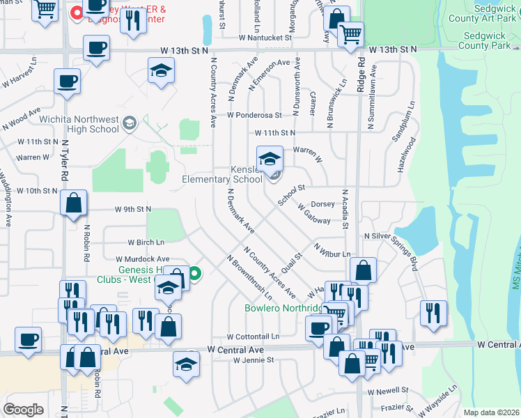map of restaurants, bars, coffee shops, grocery stores, and more near 988 North Emerson Avenue in Wichita
