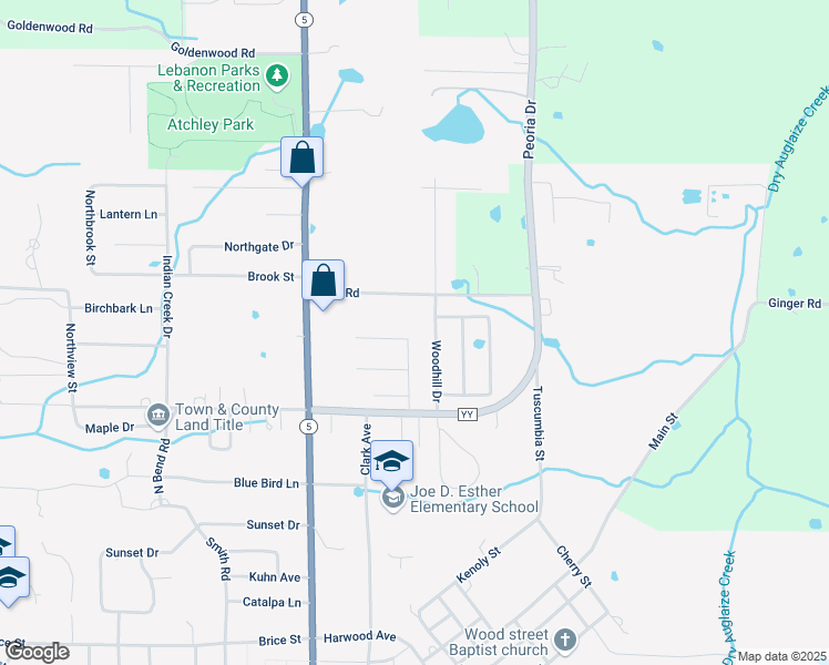 map of restaurants, bars, coffee shops, grocery stores, and more near 1418 Hillside Dr in Lebanon
