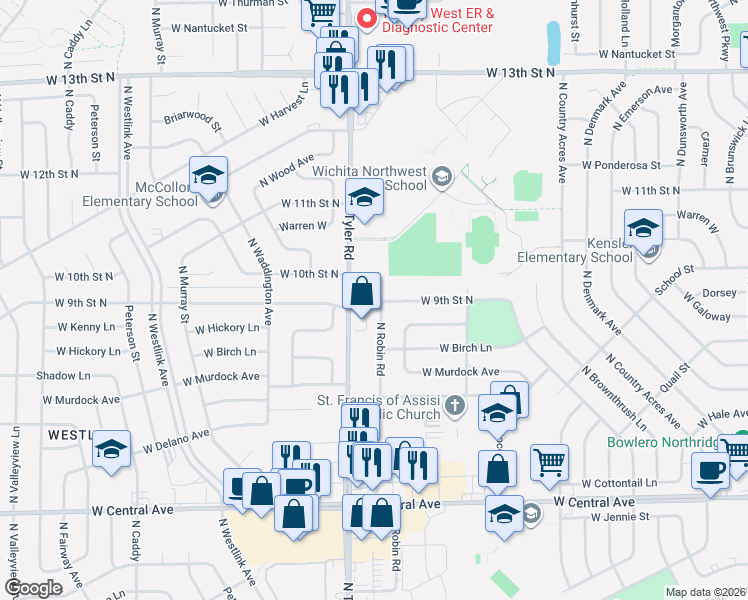 map of restaurants, bars, coffee shops, grocery stores, and more near 1001 North Robin Road in Wichita