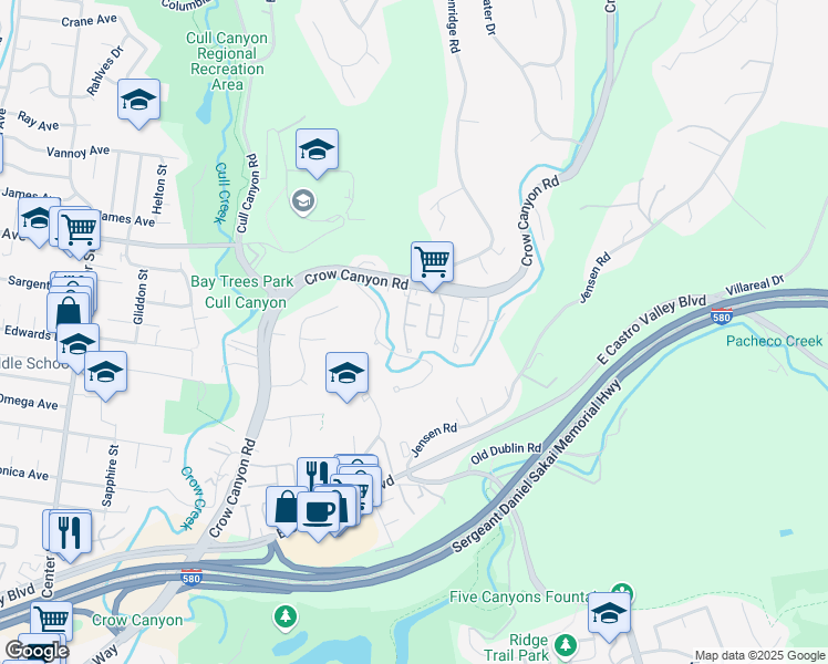 map of restaurants, bars, coffee shops, grocery stores, and more near 20694 Waterford Place in Castro Valley