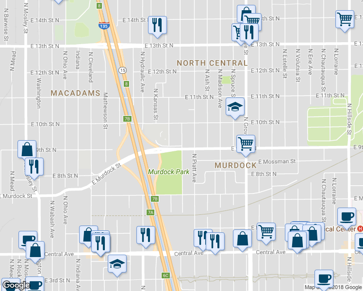 map of restaurants, bars, coffee shops, grocery stores, and more near 1007 North Minnesota Street in Wichita