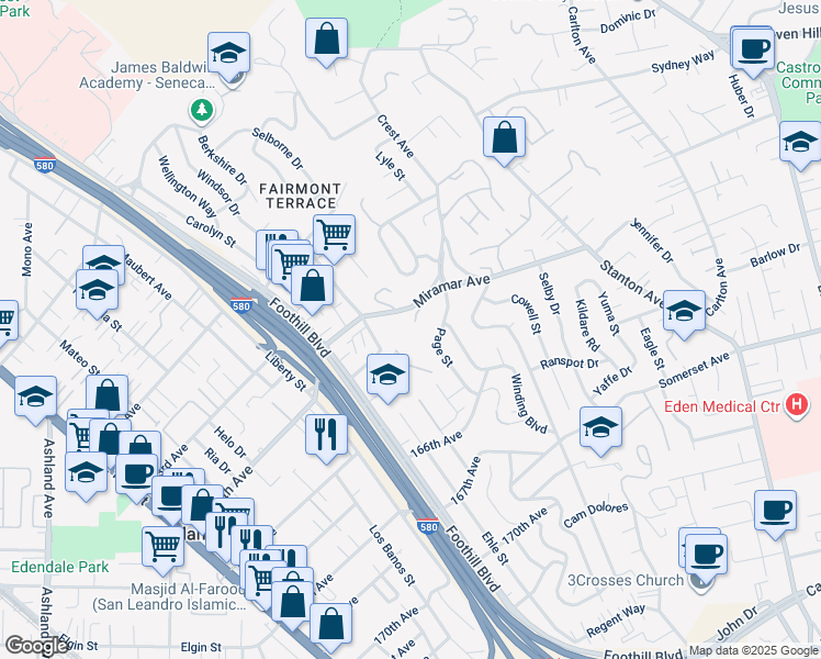 map of restaurants, bars, coffee shops, grocery stores, and more near 2300 Miramar Avenue in San Leandro