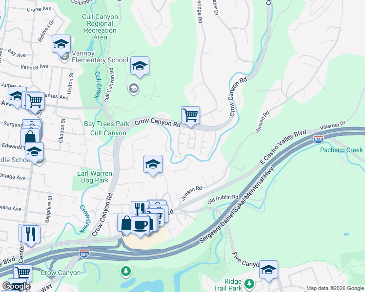 map of restaurants, bars, coffee shops, grocery stores, and more near 20694 Waterford Place in Castro Valley