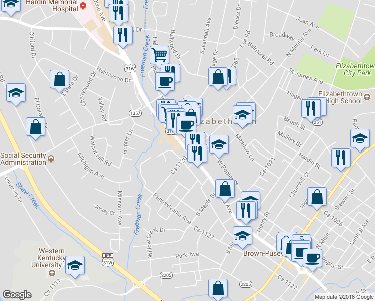 map of restaurants, bars, coffee shops, grocery stores, and more near U.S. 31W in Elizabethtown