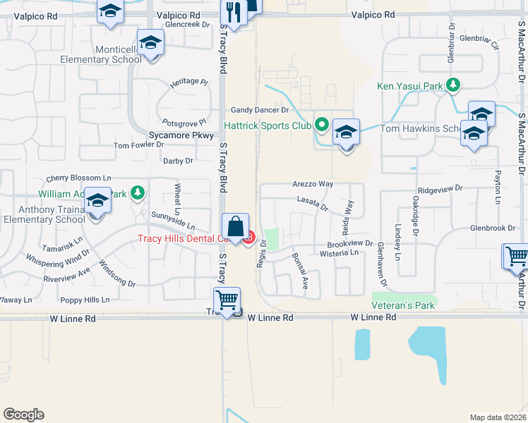 map of restaurants, bars, coffee shops, grocery stores, and more near 4192 Regis Drive in Tracy