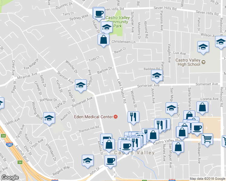 map of restaurants, bars, coffee shops, grocery stores, and more near 2778-2810 Somerset Avenue in Castro Valley