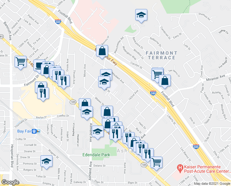 map of restaurants, bars, coffee shops, grocery stores, and more near 1616 Renaissance Lane in San Leandro