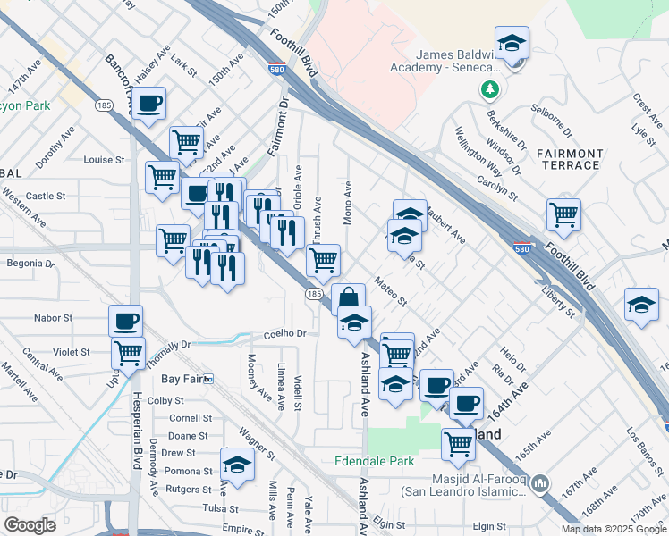map of restaurants, bars, coffee shops, grocery stores, and more near 1410 Thrush Avenue in San Leandro
