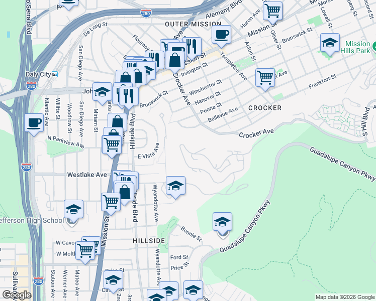 map of restaurants, bars, coffee shops, grocery stores, and more near 460 Pointe Pacific Drive in Daly City