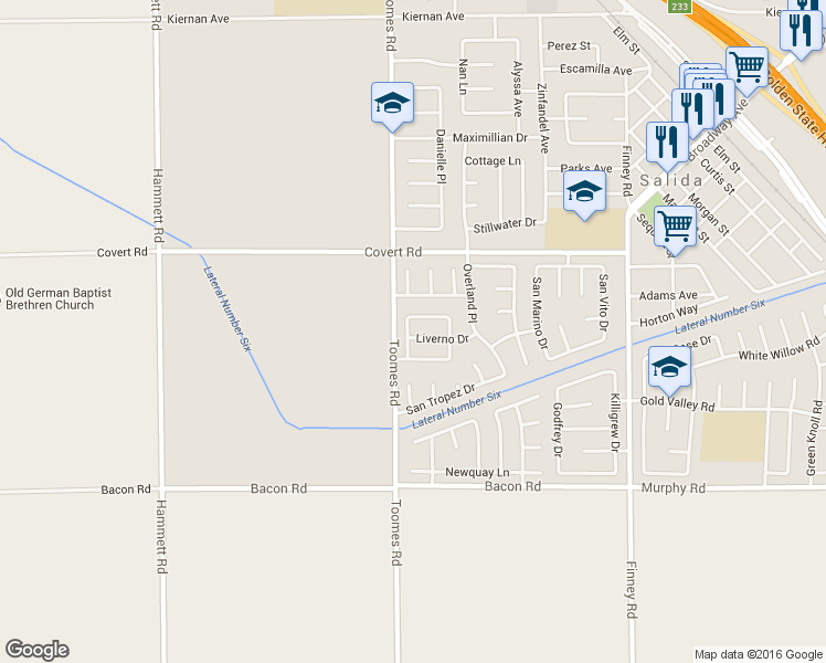 map of restaurants, bars, coffee shops, grocery stores, and more near 5421 Liverno Dr in Salida