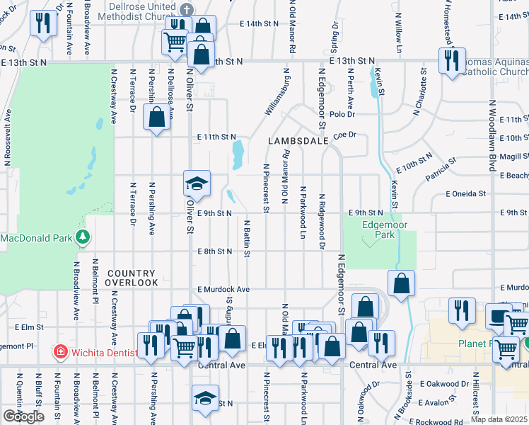 map of restaurants, bars, coffee shops, grocery stores, and more near in Wichita