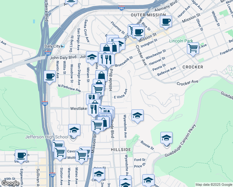 map of restaurants, bars, coffee shops, grocery stores, and more near 89 Muirwood Drive in Daly City