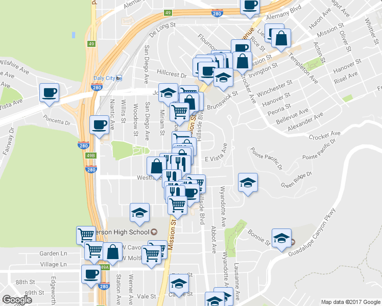 map of restaurants, bars, coffee shops, grocery stores, and more near 27 Beta Avenue in Daly City