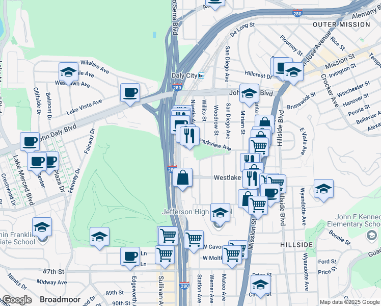 map of restaurants, bars, coffee shops, grocery stores, and more near 2001 Junipero Serra Boulevard in Daly City