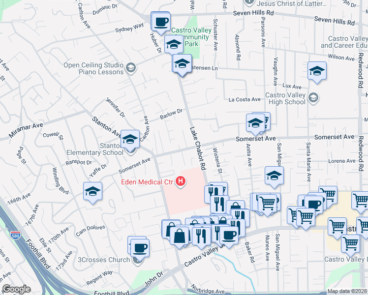 map of restaurants, bars, coffee shops, grocery stores, and more near 2776 Somerset Avenue in Castro Valley