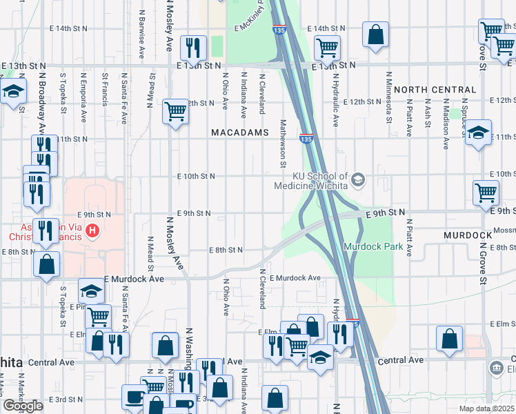 map of restaurants, bars, coffee shops, grocery stores, and more near 1007 North Cleveland in Wichita