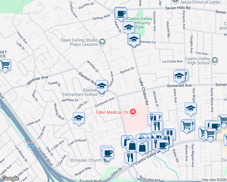 map of restaurants, bars, coffee shops, grocery stores, and more near 19652 Stanton Avenue in Castro Valley