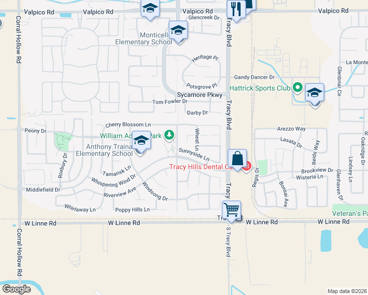map of restaurants, bars, coffee shops, grocery stores, and more near 985 Sunnyside Lane in Tracy