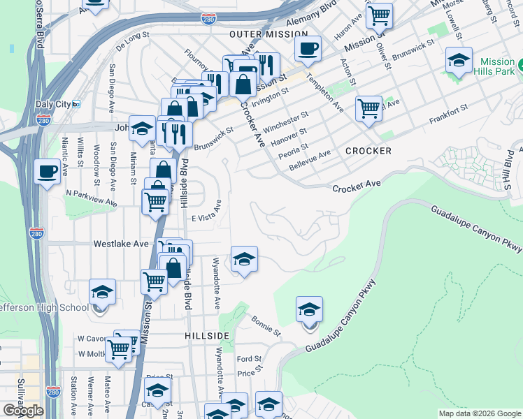 map of restaurants, bars, coffee shops, grocery stores, and more near 460 Pointe Pacific Drive in Daly City