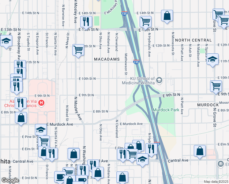 map of restaurants, bars, coffee shops, grocery stores, and more near 1007 North Cleveland in Wichita