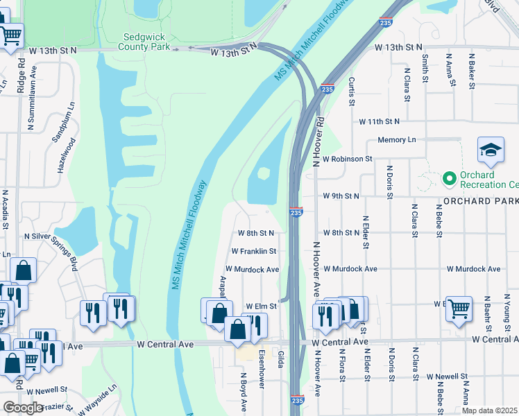 map of restaurants, bars, coffee shops, grocery stores, and more near 900 North Bayshore Drive in Wichita