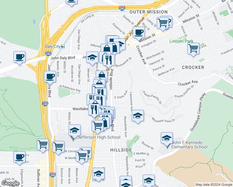 map of restaurants, bars, coffee shops, grocery stores, and more near 89 Muirwood Drive in Daly City
