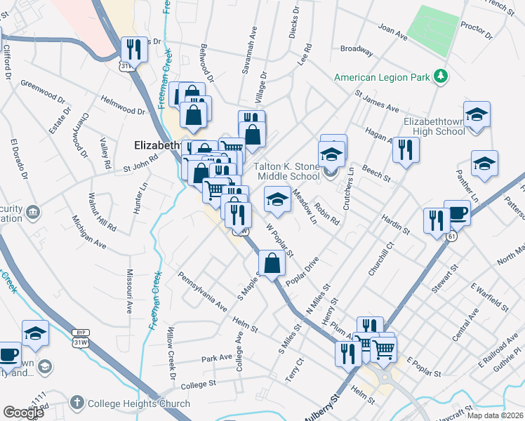 map of restaurants, bars, coffee shops, grocery stores, and more near 417-499 W Poplar St in Elizabethtown