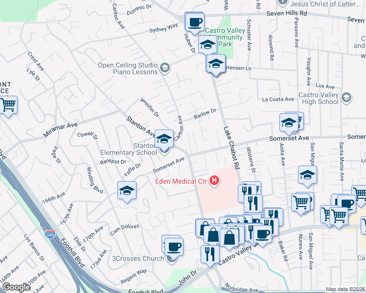 map of restaurants, bars, coffee shops, grocery stores, and more near 19652 Stanton Avenue in Castro Valley